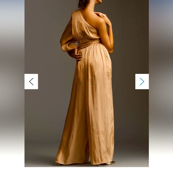Anthropologie Pants - NEW Anthropologie Tan Gold Metallic Wide Leg Single Shoulder Jumpsuit Size 6